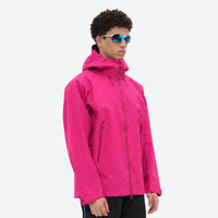 
                  
                    Lightweight waterproof hooded jacket for men - pink color variant and close-up details, for rain and wind protection
                  
                