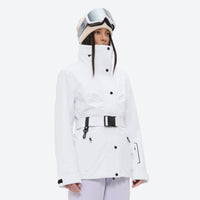 
                  
                    Women's 3-layer breathable ski suit - white jacket with lavender pants, for snowy mountain travel
                  
                