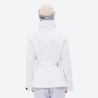 
                  
                    Women's belted snow jacket with suspender pants - white jacket with lavender pants, for resort and cross-country days
                  
                