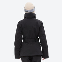 
                  
                    Women's belted snow jacket with suspender pants - black, on-model back hood view, for snowy mountain travel
                  
                