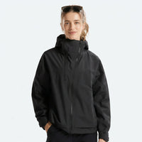 
                  
                    Lightweight hooded rain jacket - black and gray color variant views, on-model side view, for hiking and mountain adventures
                  
                