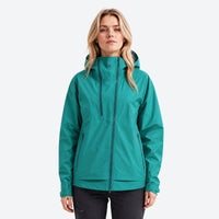 
                  
                    Lightweight hooded rain jacket - teal color variant front views, on-model back view, for hiking and mountain adventures
                  
                