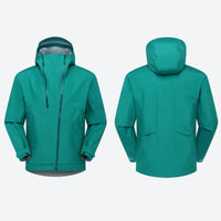 
                  
                    Breathable hardshell with adjustable hood - light gray color variant front and side views, on-model back hood view
                  
                