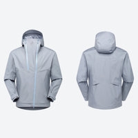 
                  
                    Breathable hardshell with adjustable hood - light gray color variant front and side views, for hiking and mountain adventures
                  
                