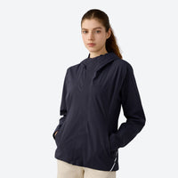 
                  
                    Women's fitted softshell for hiking and everyday wear - navy blue waterproof softshell jacket views, on-model side view
                  
                