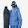 Colorblock snowboard jacket and pants set - blue, on-model front holding snowboard, for resort and backcountry days
