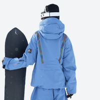 
                  
                    Breathable ski jacket and snow pants combo - women's blue pants with black base layer, for cold-weather winter sports
                  
                