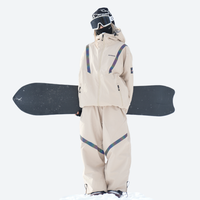 
                  
                    Colorblock snowboard jacket and pants set - blue and black colorblock, on-model front view, for cold-weather winter sports
                  
                