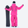 Waterproof snow jacket and pants set - red, on-model front with upright snowboard, for skiing and snowboarding
