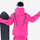 Colorblock snowboard jacket and pants set - red, on-model back hood view, for powder and piste riding