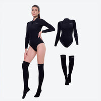 
                  
                    Women's 2mm one-piece wetsuit with socks - black and white color variants front views, for water sports and beach activities
                  
                