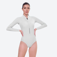 
                  
                    Women's 2mm one-piece wetsuit with socks - black and white color variants front views, for swimming and snorkeling
                  
                