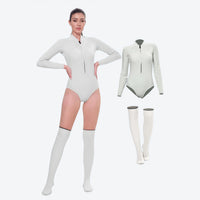 
                  
                    Women's 2mm one-piece wetsuit with socks - pink and gray color variants side and back views, for surfing and paddleboarding
                  
                