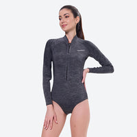 
                  
                    Women's long-sleeve wetsuit with knee-high socks - pink and gray color variants side and back views, on-model back hood view
                  
                
