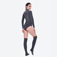 
                  
                    Women's thermal wetsuit suit with stockings - pink and gray color variants side and back views, on-model hood side view
                  
                