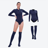 
                  
                    Women's 2mm one-piece wetsuit with socks - close-up details of zippers seams and anti-slip strips, YKK zipper
                  
                
