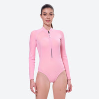 
                  
                    Women's 2mm one-piece wetsuit with socks - pink and gray color variants side and back views, for cold water water sports
                  
                