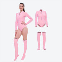 
                  
                    Women's thermal wetsuit suit with stockings - pink and gray color variants side and back views, for swimming and snorkeling
                  
                