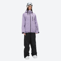 
                  
                    Breathable ski jacket and snow pants combo - lavender, on-model hood side view, for resort and backcountry days
                  
                