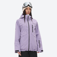 
                  
                    Waterproof snow jacket and pants set - lavender, on-model front with upright snowboard, for cold-weather winter sports
                  
                