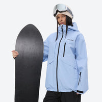 
                  
                    Waterproof snow jacket and pants set - light pink, on-model front with upright snowboard, for cold-weather winter sports
                  
                