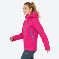 
                  
                    Women's breathable hardshell with hood - pink color variant front and side views, for trail running and active outdoor sports
                  
                