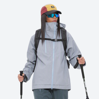 
                  
                    Women's 3L hardshell jacket - gray and purple color variants front views, on-model side view, for rain and wind protection
                  
                