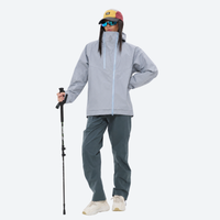 
                  
                    Waterproof hooded jacket for women - gray and purple color variants front views, for hiking and mountain adventures
                  
                