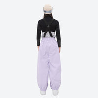 
                  
                    Women's waterproof 2L snow jacket and bib pants series - lavender bib pants with black top, on-model back view
                  
                