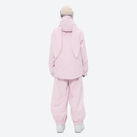
                  
                    Women's waterproof 2L snow jacket and bib pants series - light pink jacket with light pink bib pants, on-model back view
                  
                