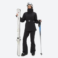 
                  
                    Women's waterproof 3L ski jacket and pants set - black, front with upright skis and poles, for skiing and snowboarding
                  
                