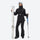 Women's waterproof 3L ski jacket and pants set - black, front with upright skis and poles, for skiing and snowboarding