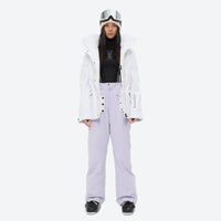 
                  
                    Women's 3-layer breathable ski suit - white jacket with lavender pants, for resort and cross-country days
                  
                