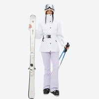 
                  
                    Women's belted snow jacket with suspender pants - white jacket with lavender pants, for skiing and snowboarding
                  
                