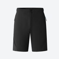 
                  
                    Long sleeve sun protection shirt with shorts - black rashguard detail shots of hood and fabric, on-model full-body front view
                  
                