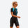Women's full-coverage UV rashguard - black and teal short sleeve rashguard views, for paddleboarding and kayaking