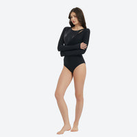 
                  
                    Serene UPF50+ women's one-piece rashguard - long sleeve black rashguard with shoulder cutout views, UPF50+ sun protection
                  
                
