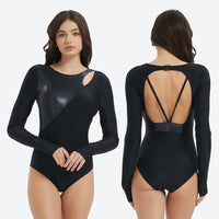 
                  
                    Women's stylish sun protection swimsuit - long sleeve black rashguard with shoulder cutout views, on-model back view
                  
                