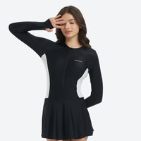 
                  
                    Women's stylish sun protection swimsuit - long sleeve black rashguard with skirt views, for swimming and beach activities
                  
                