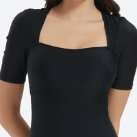 
                  
                    Serene UPF50+ women's one-piece rashguard - short sleeve square neck open-back rashguard views, UPF50+ sun protection
                  
                