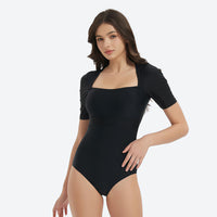 
                  
                    Women's stylish sun protection swimsuit - short sleeve square neck open-back rashguard views, for paddleboarding and kayaking
                  
                