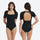 Women's stylish sun protection swimsuit - short sleeve square neck open-back rashguard views, on-model back view