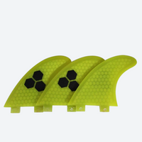 
                  
                    FCS fiberglass thruster fin set 3-pack - yellow-green thruster fins on board, on-model side view, for all-around performance
                  
                
